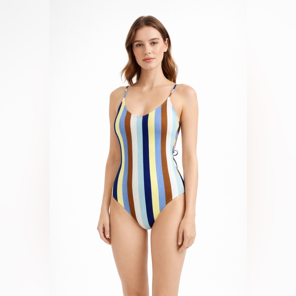 AERIE Ribbed One Piece Swimsuit Striped Cutout Tie Back Full Coverage NWT